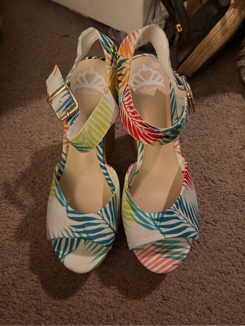 Fergalicious Tropical Multi-Color Leaf-Print Wedge Sandals